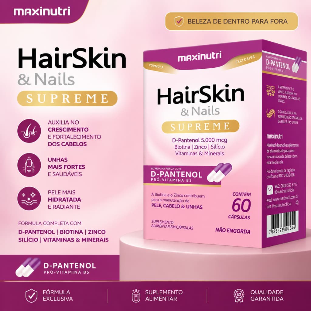 HairSkin & Nails Supreme Maxinutri 60 Cápsulas | Biotina, D-Panteol, Zinco, Silício Vitaminas para Cabelos, Pele e Unhas