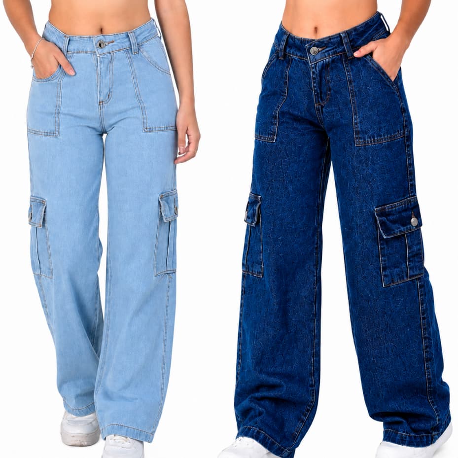 Calça Cargo Juvenil Menina Wide Leg Jeans Bolsos Tam 10 ao 16