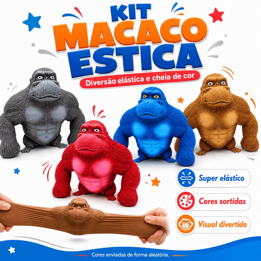 Kit 4 Gorila Indestrutível Squishy Macaco Kong Estica Esmaga Aperta Sensorial
