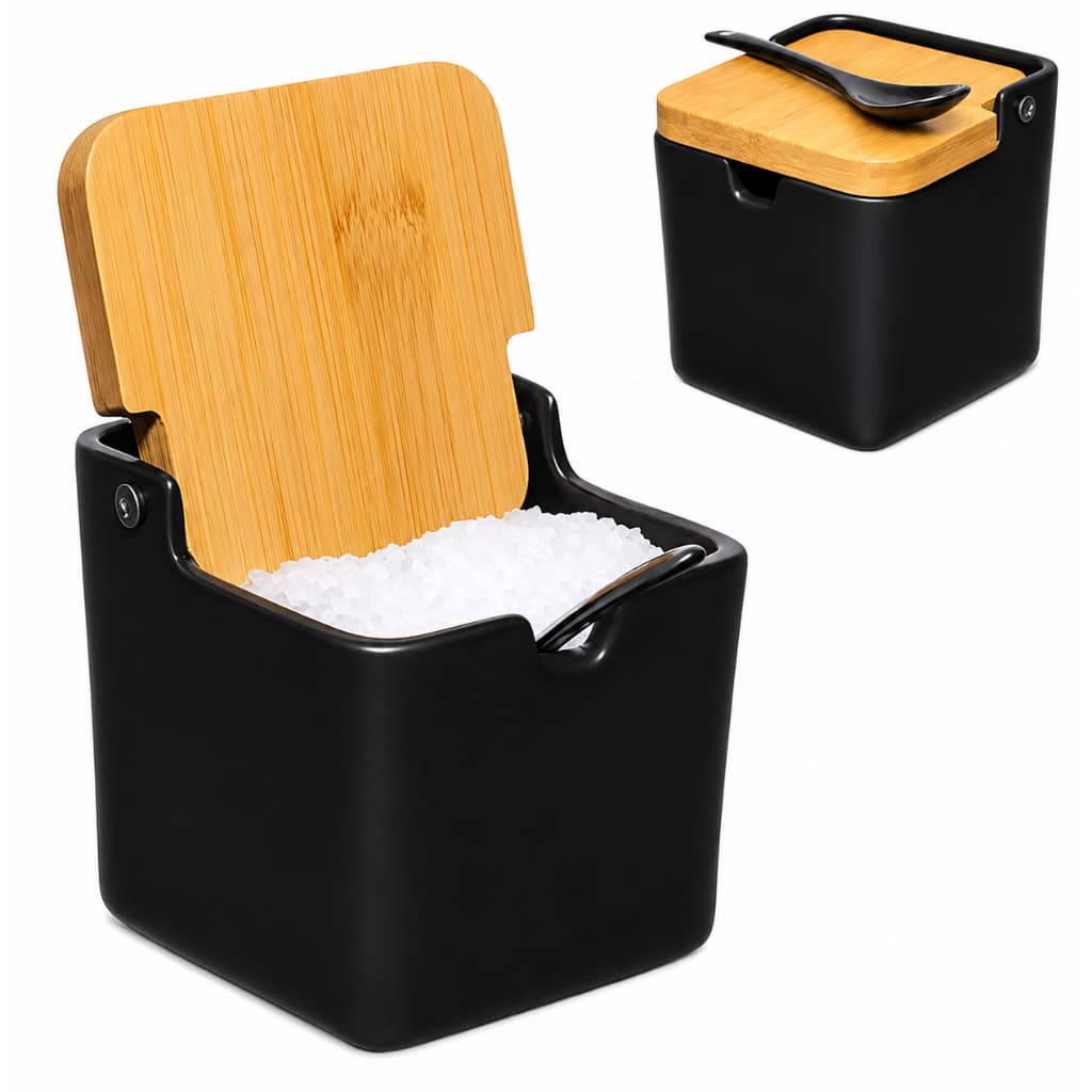 Saleiro de Porcelana Preto com Tampa de Bambu e Colher 9x9 cm