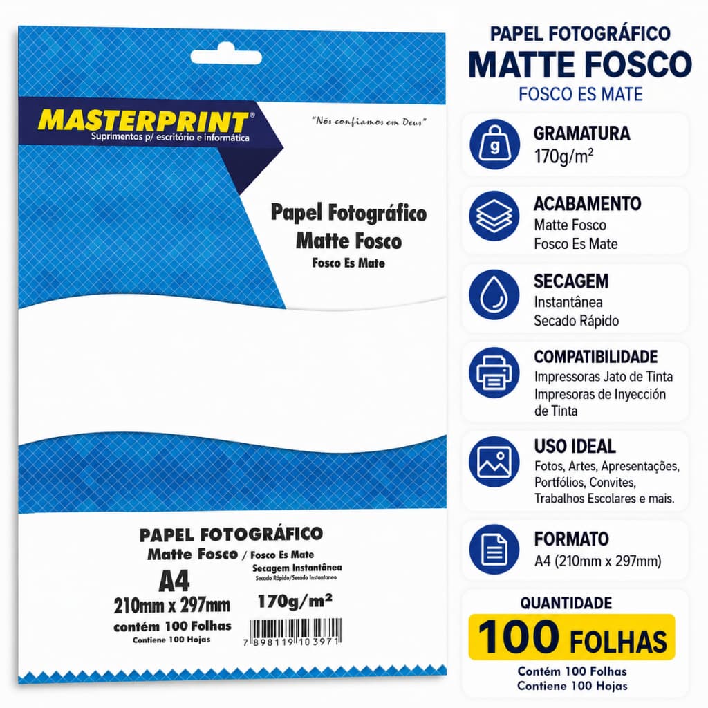 Papel Fotográfico Matte Fosco A4 170g 210x297mm 100 Folhas Masterprint Secagem Instantânea Inkjet