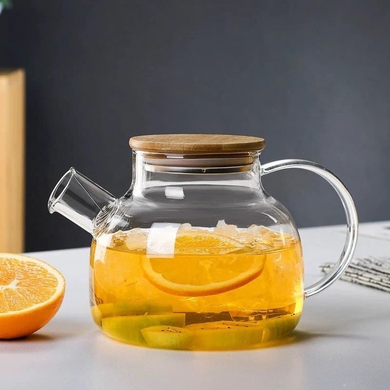 Chaleira de Vidro Borossilicato 1,5L com Infusor e Tampa de Bambu Resistente ao Calor