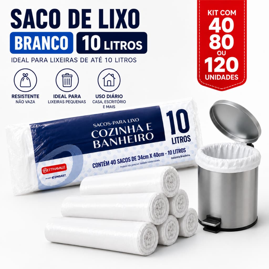 Saco de Lixo Branco 10 Litros 40, 80 e 120 unds - Lixeiras Pequenas Banheiro Cozinha Escritório