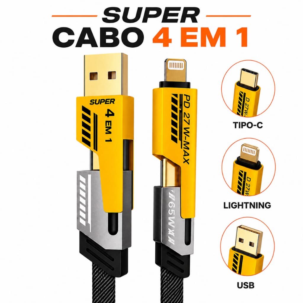 Cabo Carregador iPhone 4 em 1 USB Tipo-C LIght  Turbo 65W  USB  Tipo-C Lightning DUKE Premium 1m