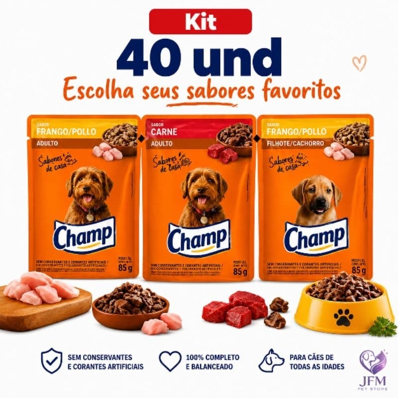 CHAMP 40 UND Carne/Frango e Filhote - Sachê para Cães 85g