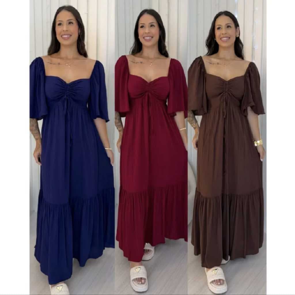 VESTIDO LONGO FEMININO ELEGANTE FORRADA MANGA BABADO EN TECIDO VISCOLINHO DECOTE OMBRO OMBRO