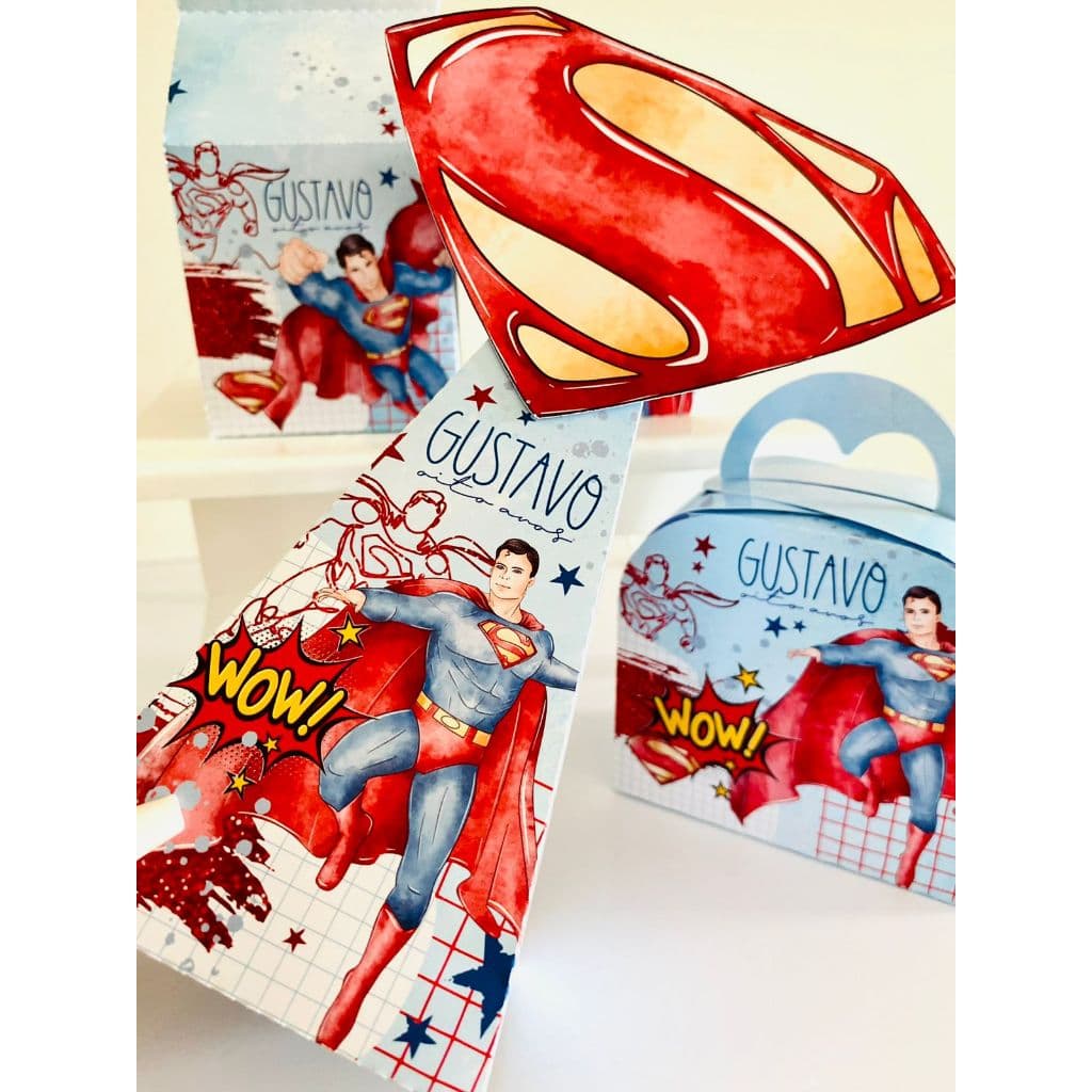 Kit Caixinhas Super homem Papelaria Personalizada Super Man Festa Aniversário Chá de Bebê Caixa DESMONTADO