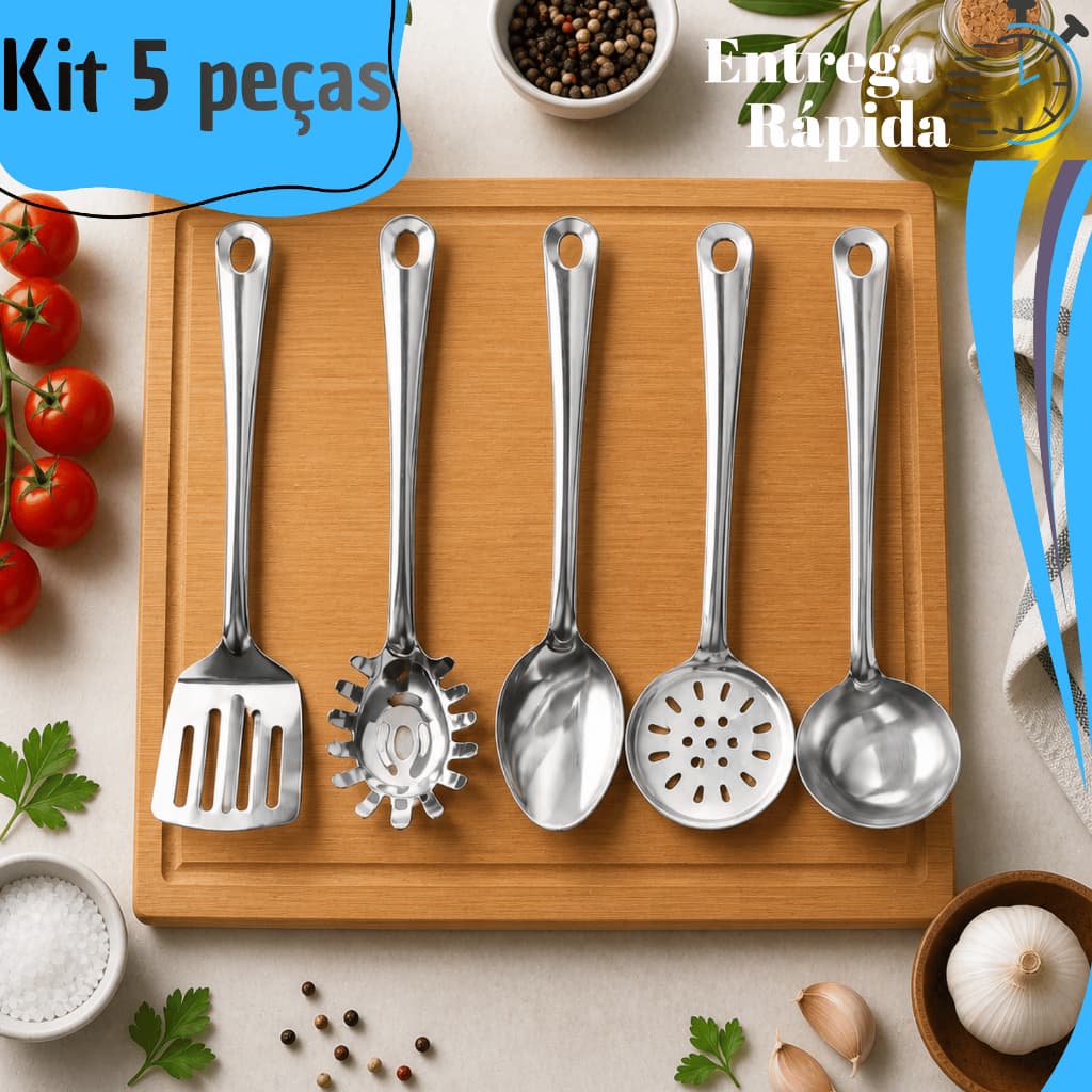 Kit 5 4 3 2 Utensílios Cozinha Inox Colher Arroz Concha Escumadeira Espatula Vazada Pegador Massa Premium Revenda Buffet
