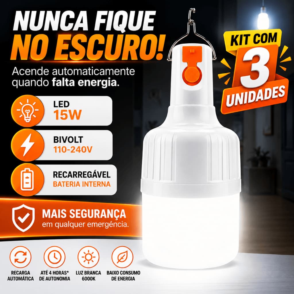 Lâmpada de Emergência LED 15W Recarregável Bivolt Luz Branca E27 Bateria Automática Falta de Energia