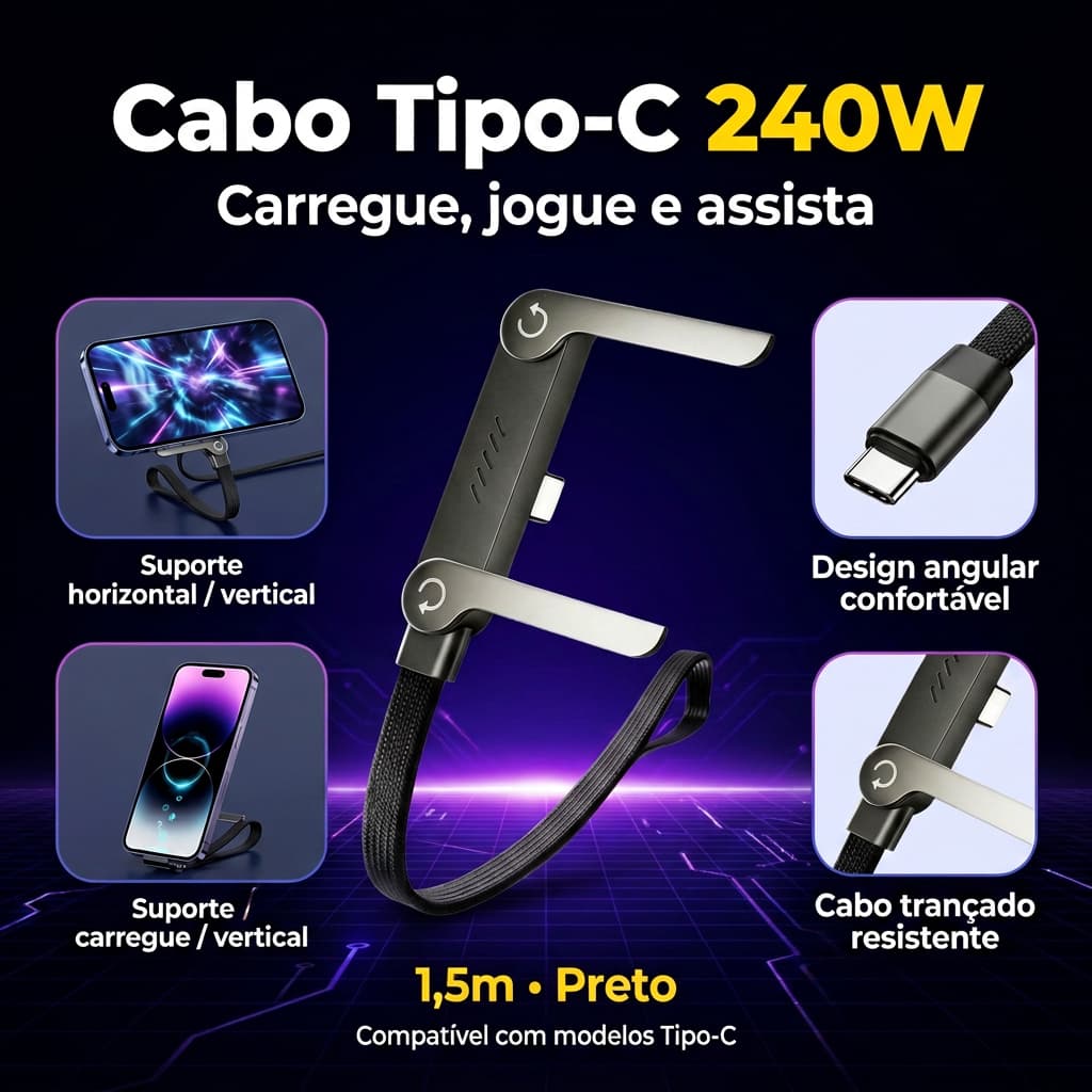 Cabo USB-C 240W 1,5m 90 Graus Carregamento Rápido Tipo C Curvado para Celular Gamer