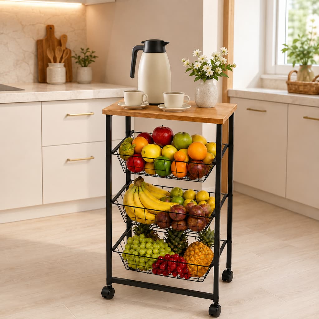 Fruteira De Chão 3 Cestos Deslizantes Com Rodinha Em Aço Preto Mdf Amadeirado