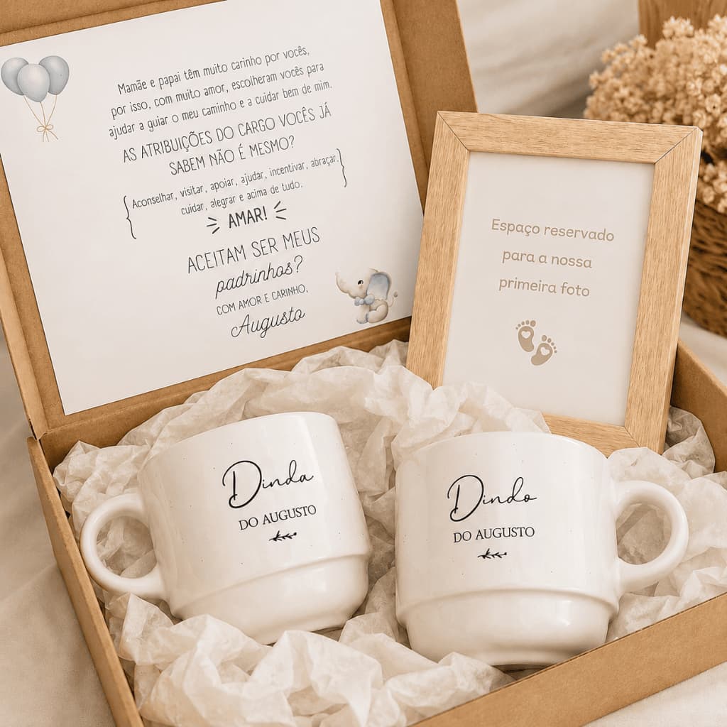 Kit Padrinhos Caixa Convite para Dindo e Dinda com Canecas e Porta Retrato Batismo Consagração