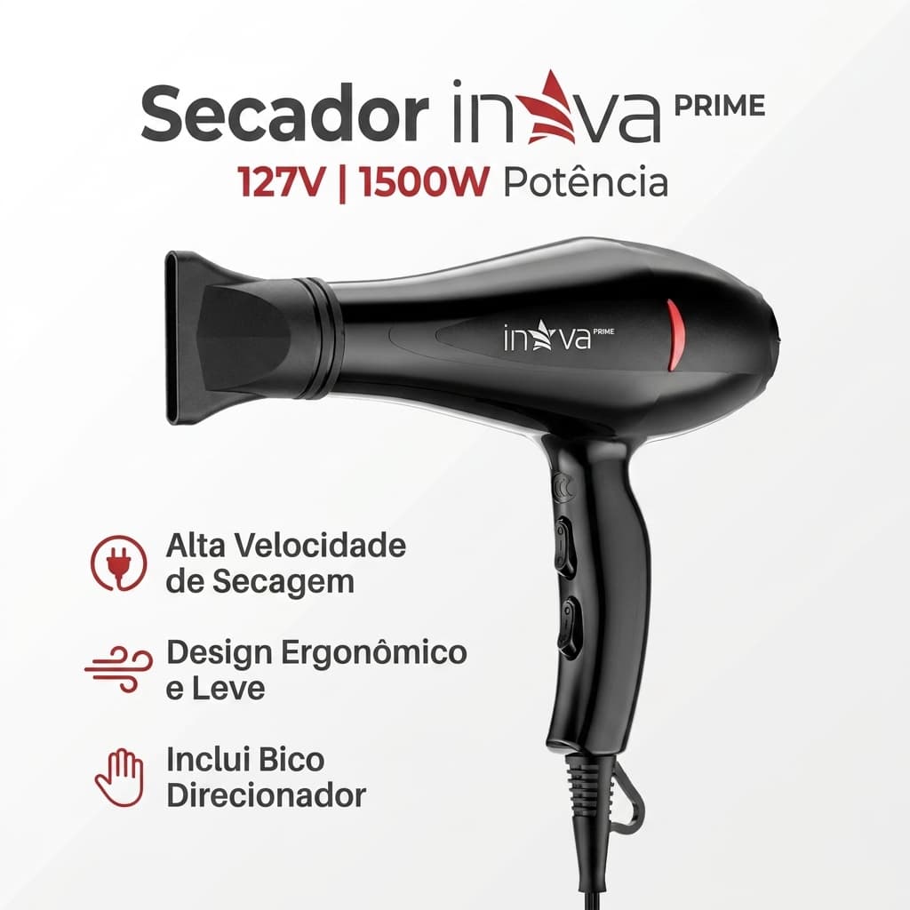 Secador De Cabelo Profissional INOVA 1500W  3 Temperaturas Jato Frio KV-12696 Preto 127V Antifrizz