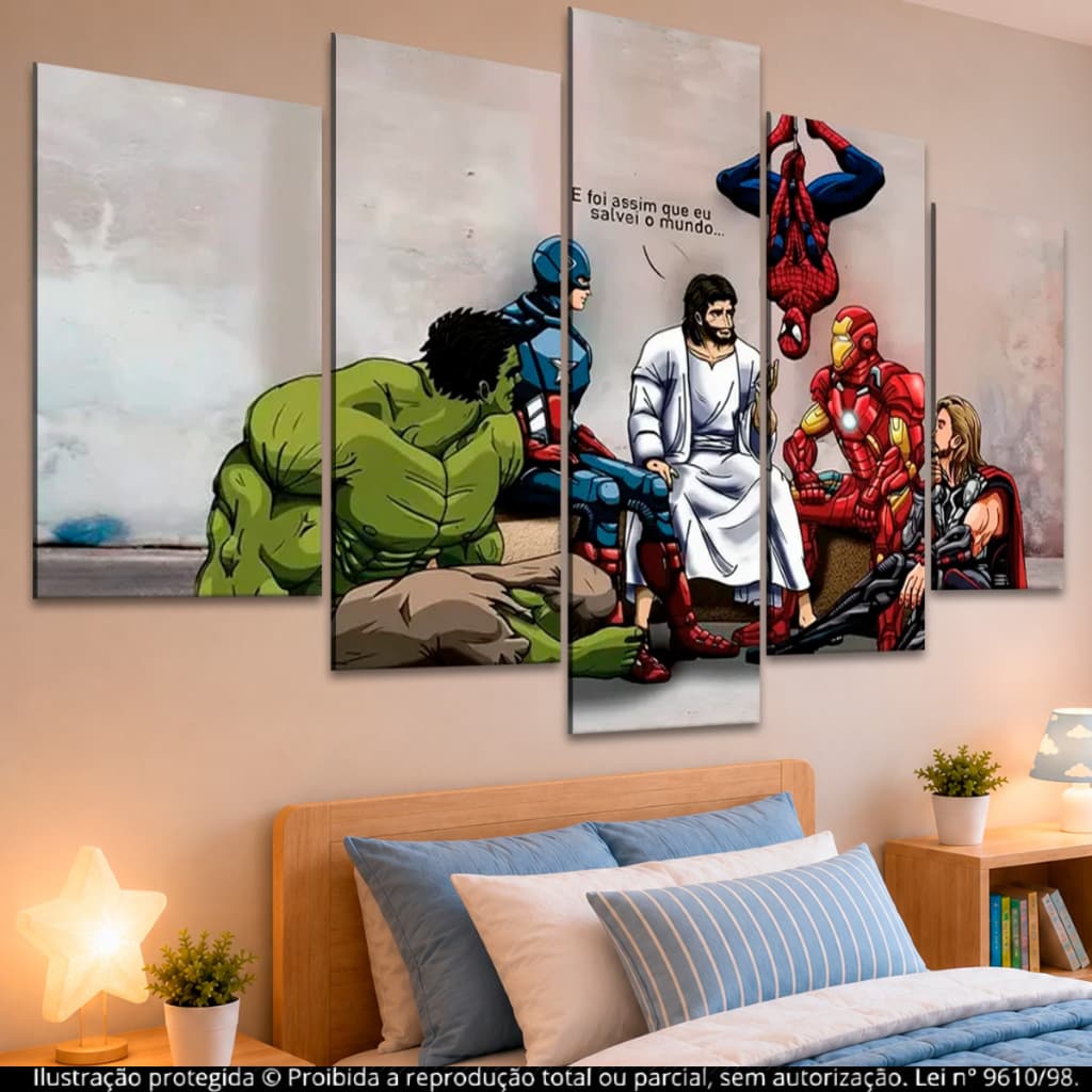 Kit Quadros Decorativos Mosaico 5 Peças Super Heróis Marvel Jesus Cristo Foi Assim Que Salvei Mundo