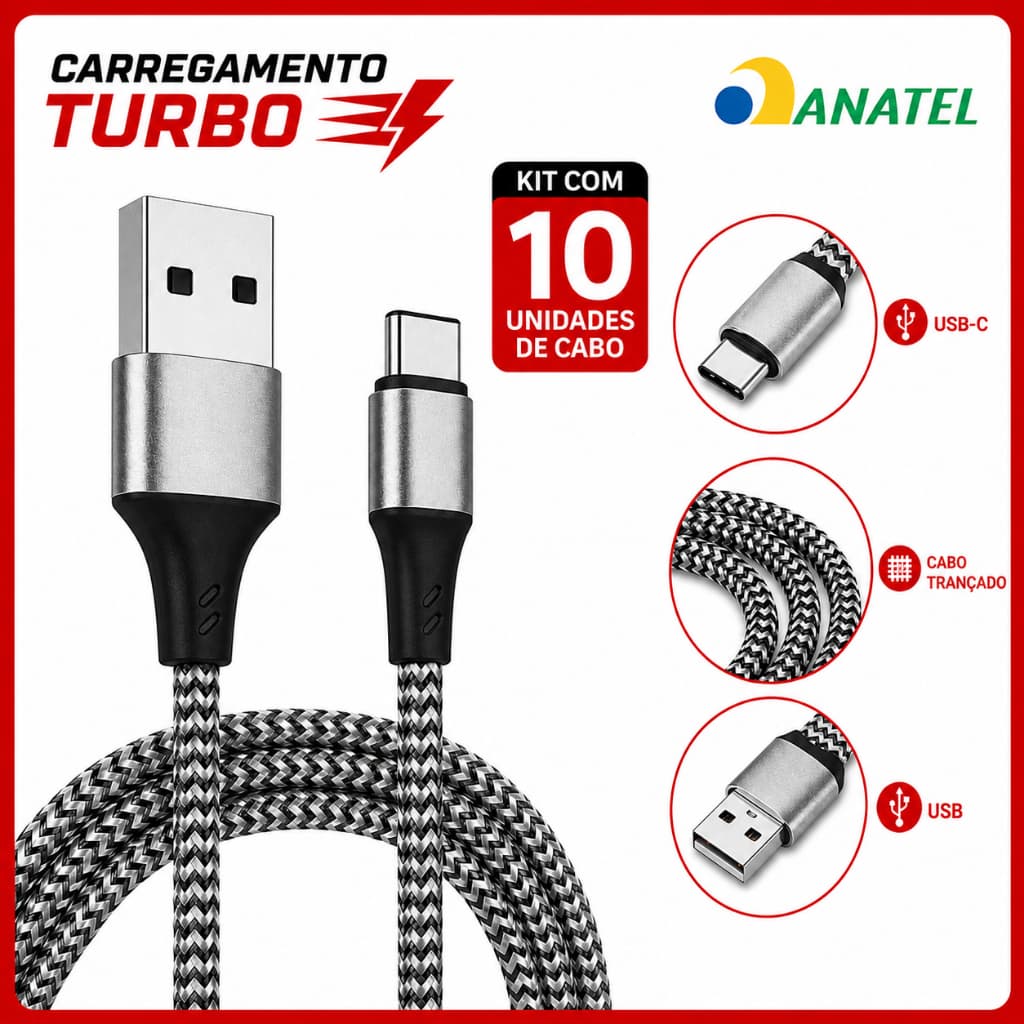 Kit 10 Cabos Carregador Rápido 6A 120W Turbo 2 Metros Usb Tipo C