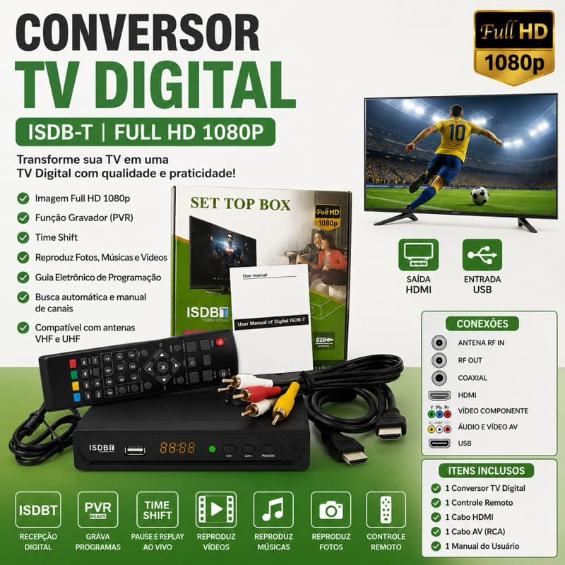 Conversor TV Digital Full HD 1080p ISDB-T HDMI USB PVR Gravador Controle Remoto