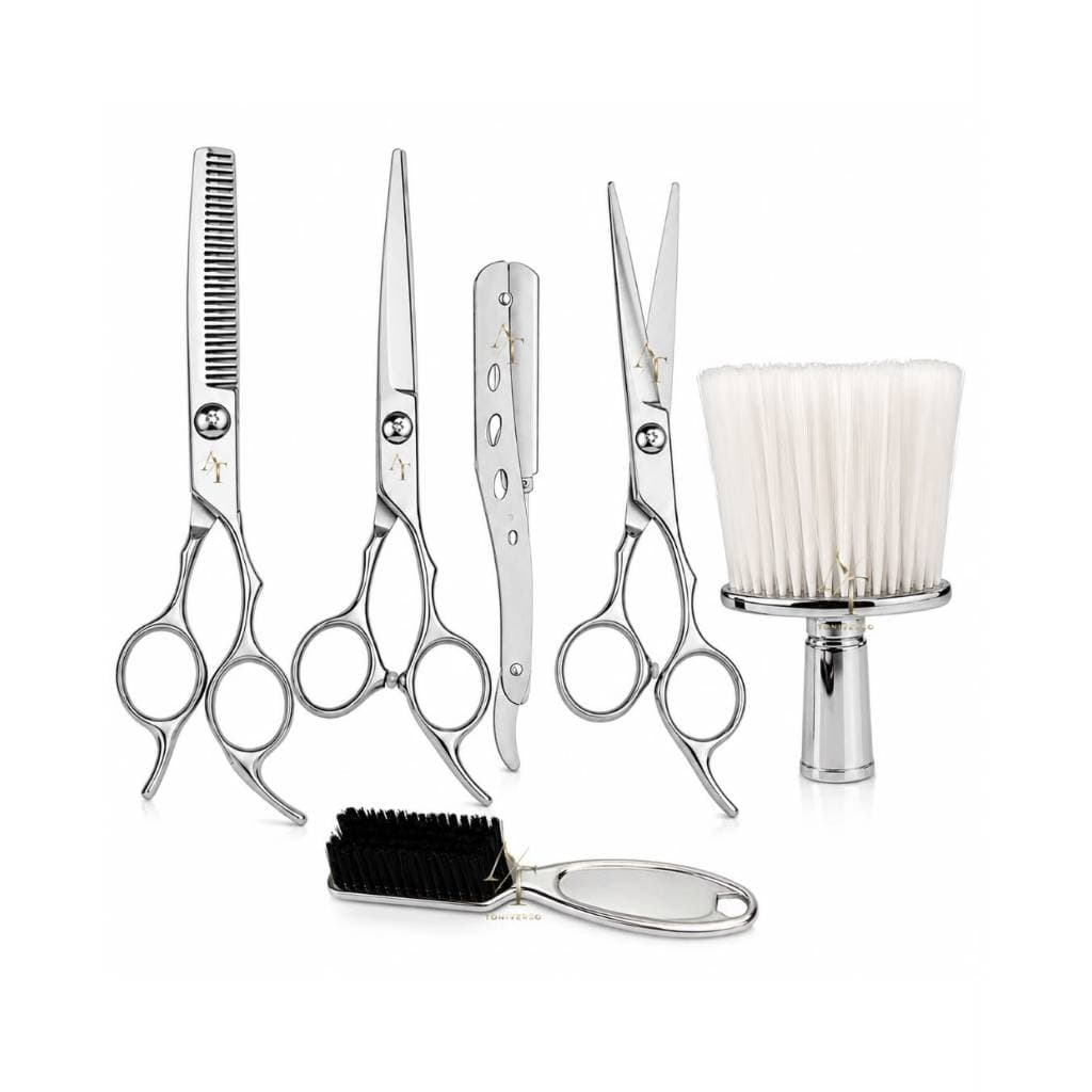 Kit Tesouras + Navalhete + Espanador + Escovinha de Disfarce Profissional Barbeiro Salão Barbearia