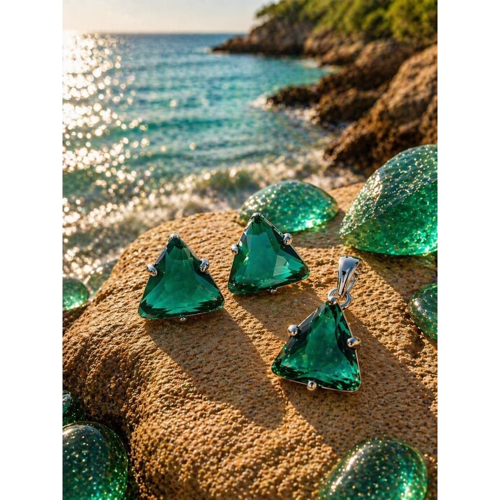 Conjunto Brinco Triângulo Pedra Verde Esmeralda Semijoia Luxo Banhada