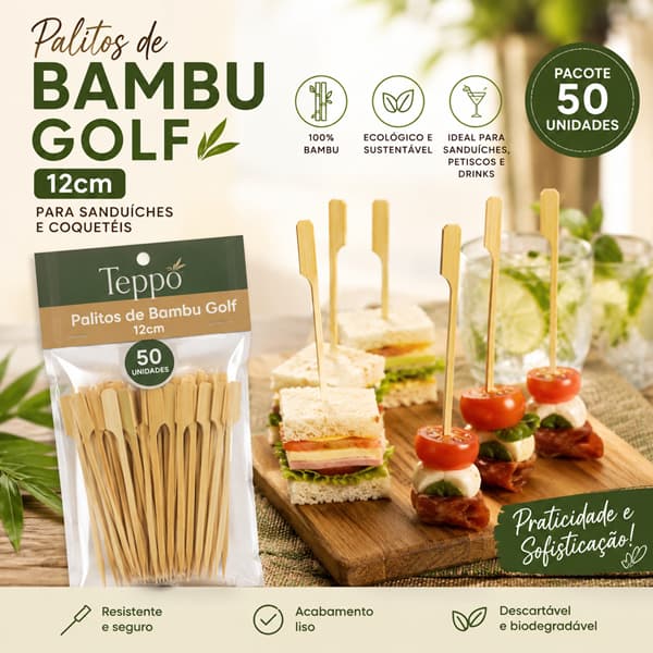 Palitos de Bambu Golf 12cm para Sanduíches Coquetéis Teppo Pacote 50 Unidades
