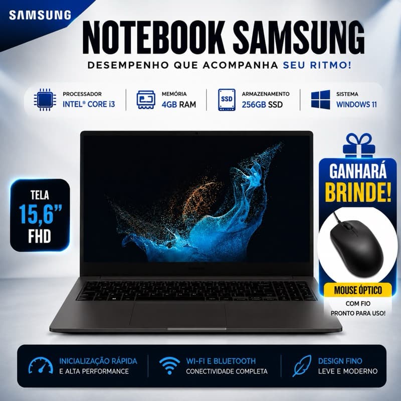 Notebook Samsung Galaxy Book2 Intel Core i3-1215U 12ª Geração 4GB RAM 256GB SSD 15,6” Full HD Windows 11