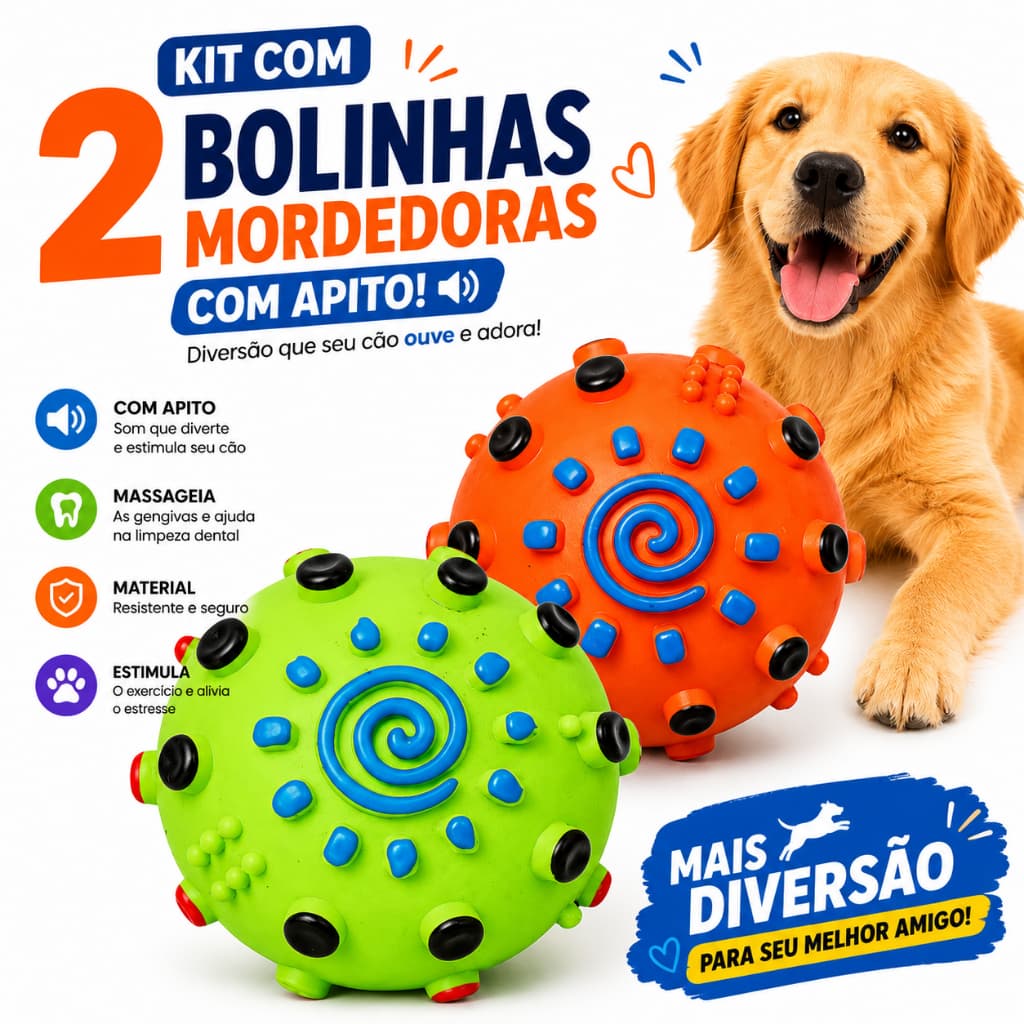 Kit 2 Bolinhas Mordedoras para Cachorro com Apito | Brinquedo Interativo Resistente para Pets