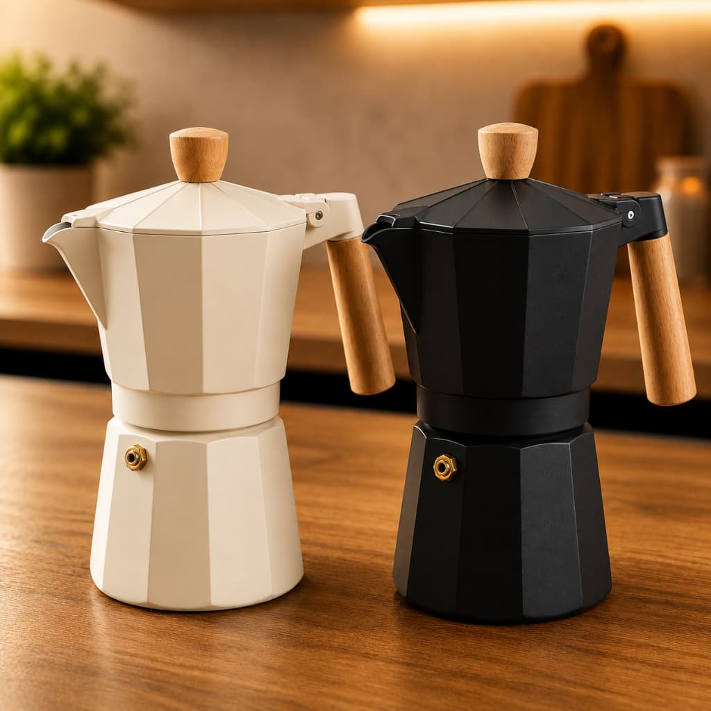 Cafeteira Italiana Moka 6 Xícaras 300ml Alumínio Café Expresso Cafeteira de Fogão Creme Preta