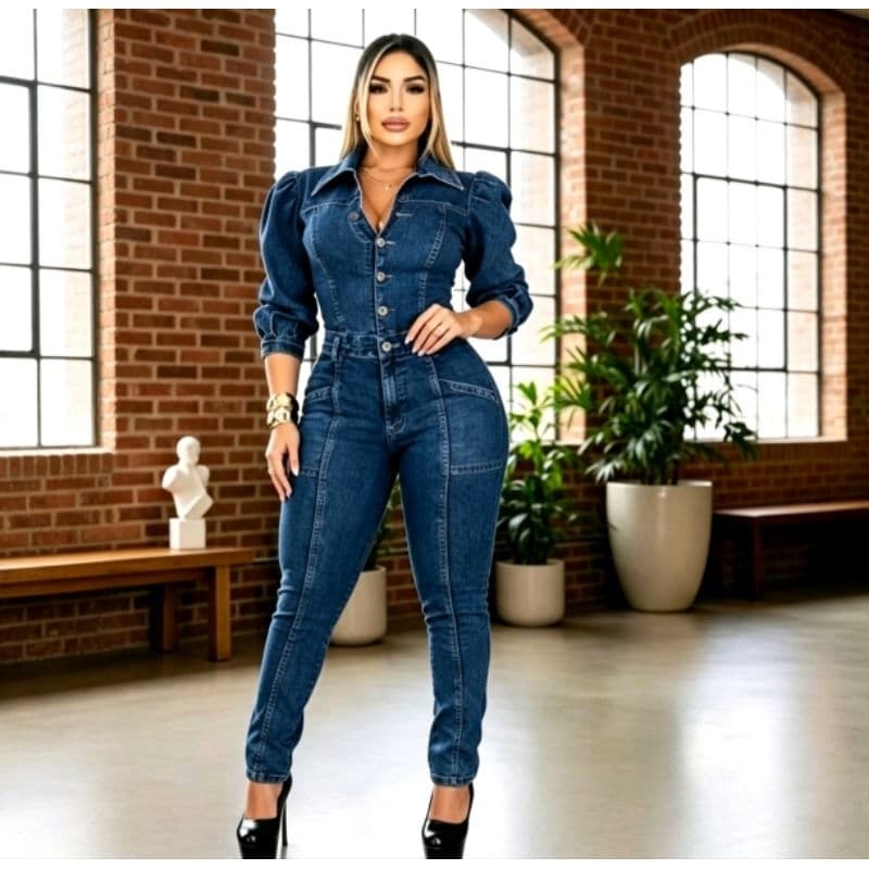 Macacão Jeans Feminino Manga 3/4 Bufante Laycra Princesa