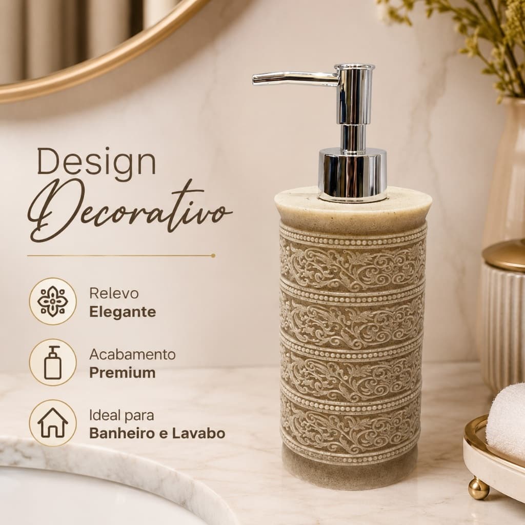 Dispenser de Sabonete Líquido Bege com Acabamento em Relevo Decorativo, Porta Sabonete Líquido para Banheiro e Lavabo