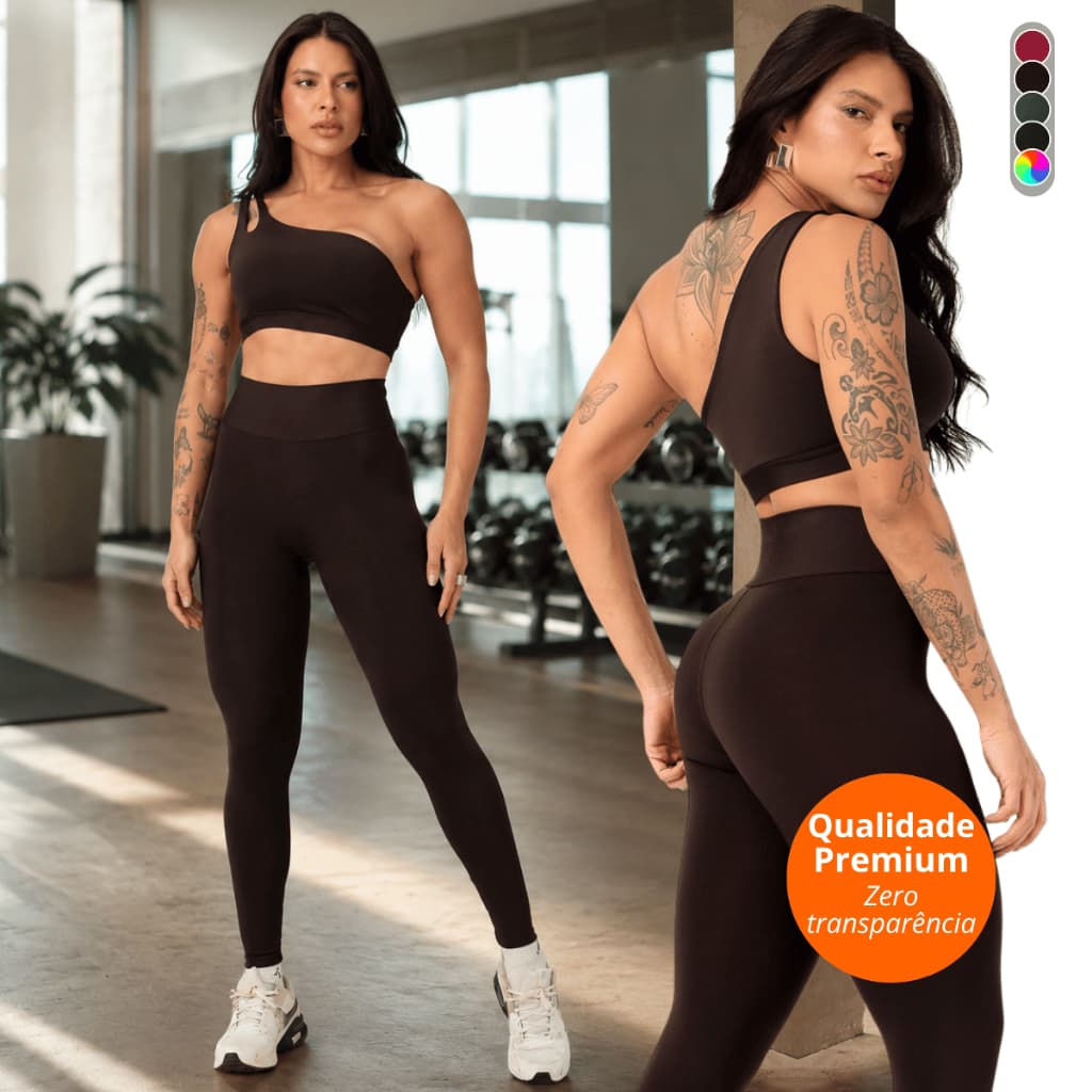 Conjunto Academia Top Nula Manga Ombro Só Legging Zero Transparência Roupa Fitness