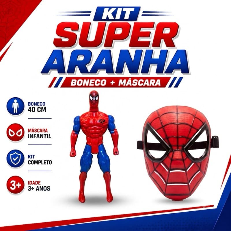 🕷️ Kit Máscara e Boneco Super Aranha Infantil 40cm Articulado Fantasia Crianças