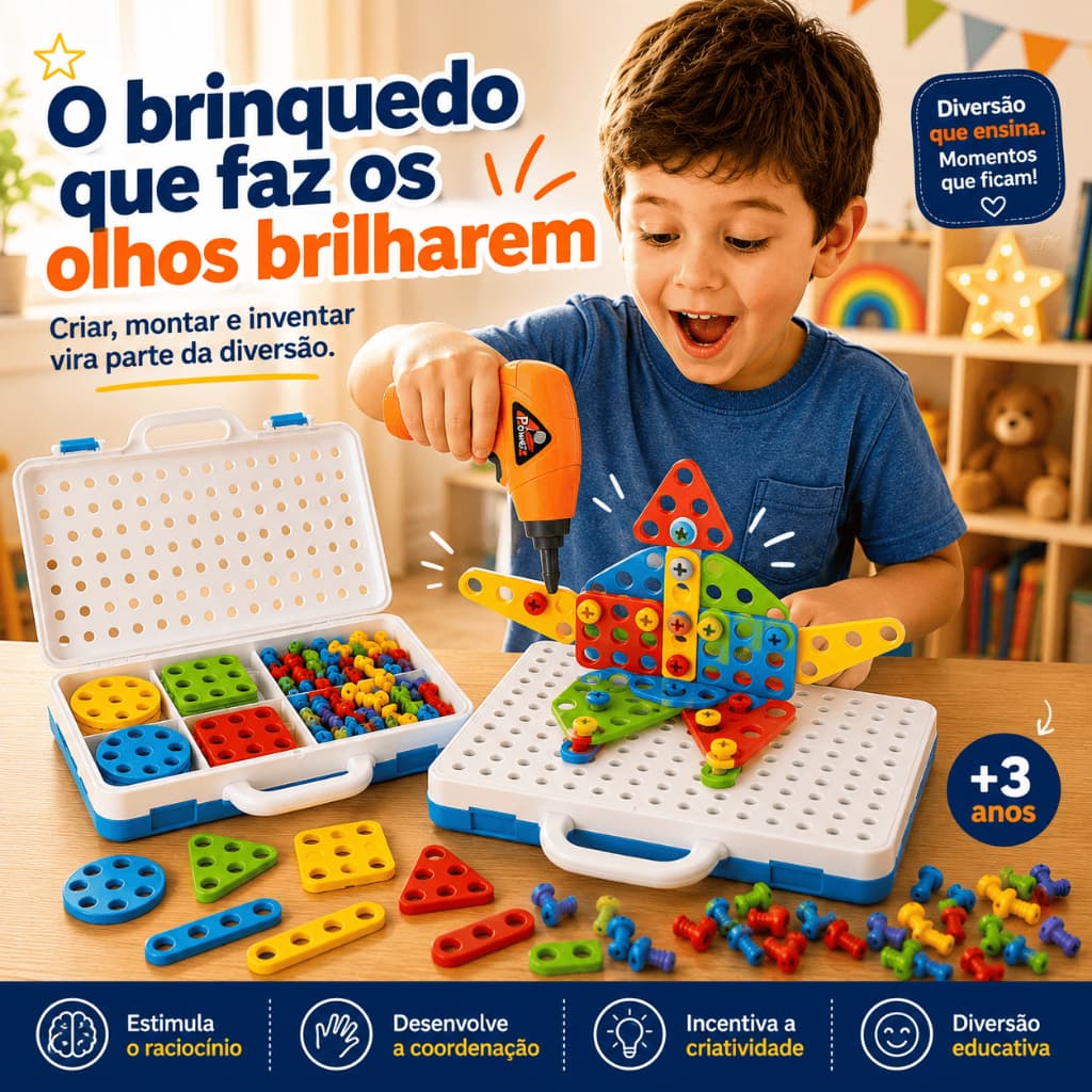 rinquedo Educativo Infantil Parafusadeira Elétrica Kit de Montar 132 Peças com Maleta +3 Anos
