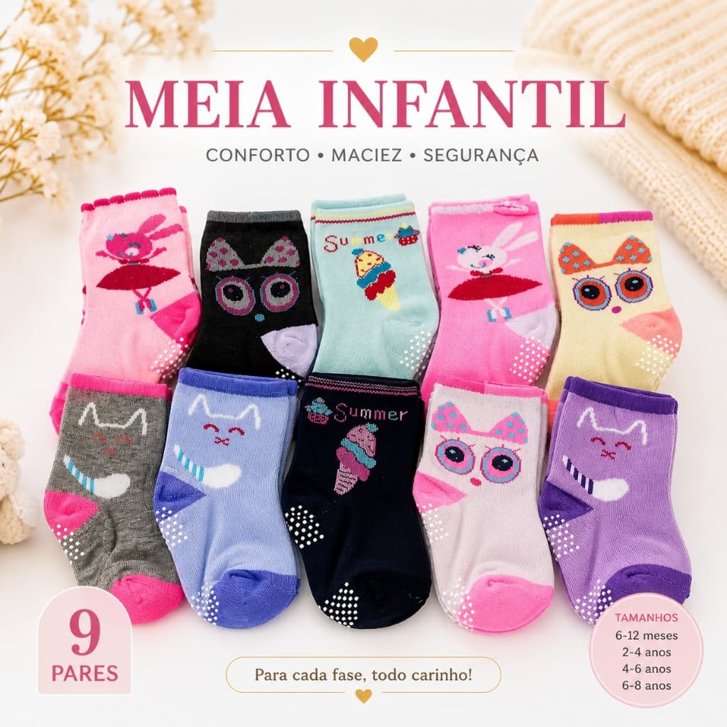 Meia Infantil Menina Confortável Antiderrapante  Kit com 3 6 9 12 ou 15 Pares | 6 Meses a 8 Anos