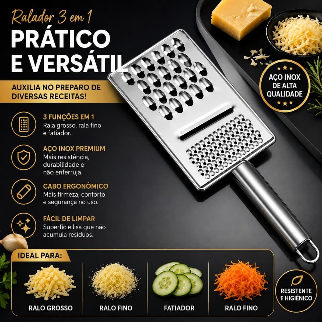 Ralador 3 em 1 Aço Inox Grosso Fino Fatiador Multiuso para Queijo Legumes Cozinha