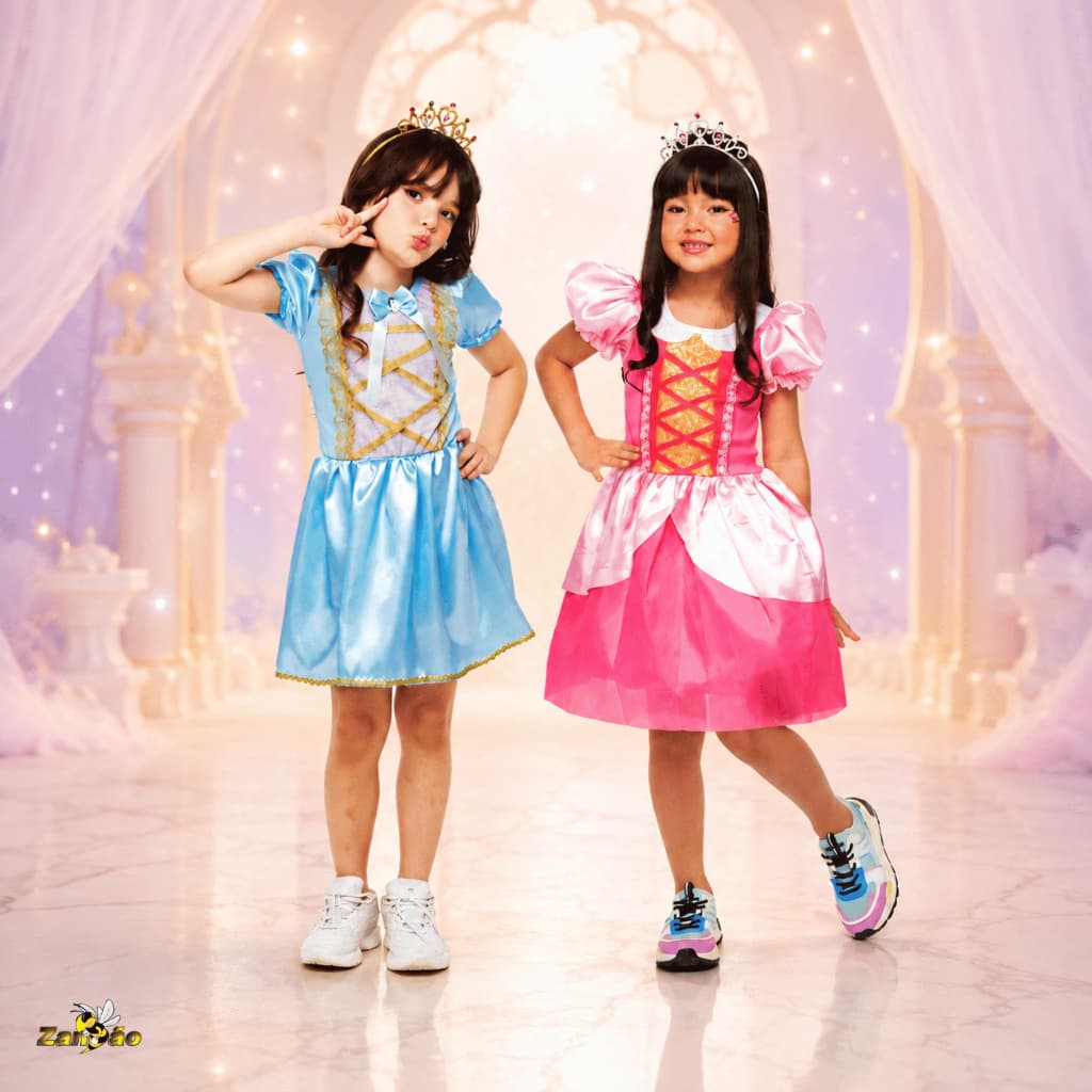 Vestido Infantil de Princesa + Coroa Rosa ou Azul Fantasia - Fantasias Super