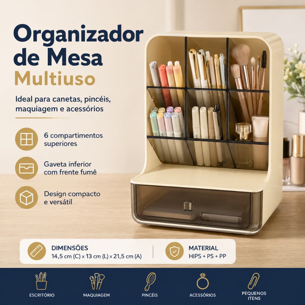 Organizador de Mesa Multiuso 6 Compartimentos com Gaveta para Maquiagem Canetas e Acessórios