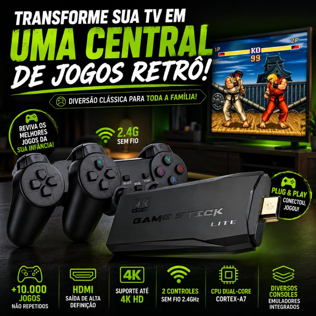 Game Stick 4K Retrô 10000 Jogos 2 Controles Sem Fio 2.4GHz HDMI Plug and Play