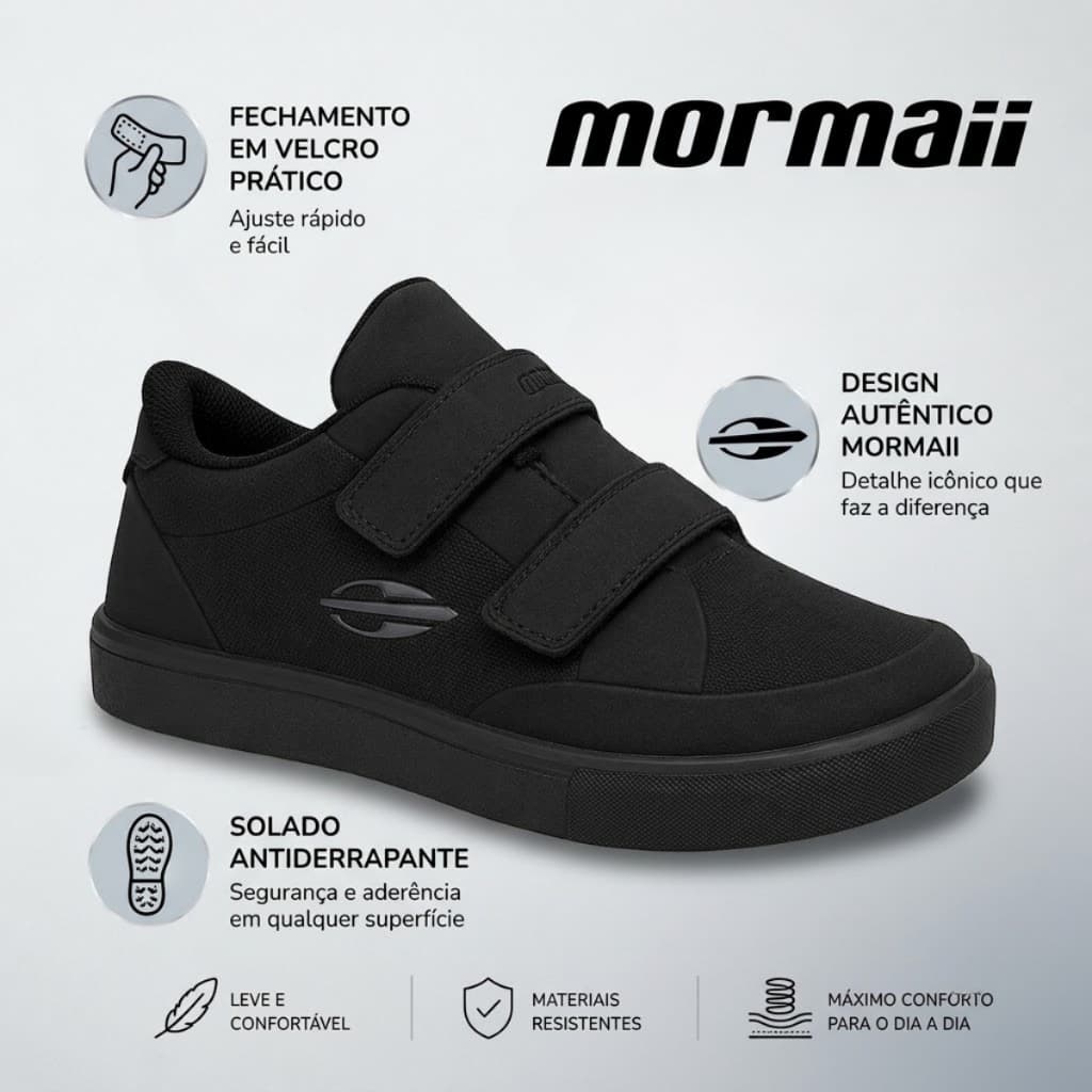 Tênis Infantil Menino Preto Escolar Com Velcro Calce Fácil Confortável Dia a Dia  | Lançamento Original Mormaii