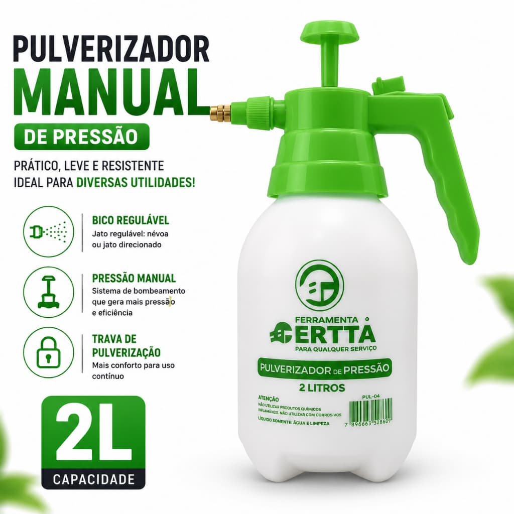 Pulverizador Manual de Pressão 2L Portátil Bico Regulável Jardim Limpeza Ferramenta