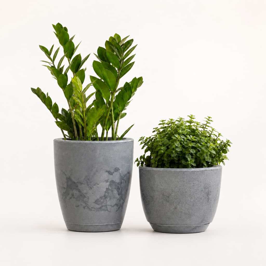 Kit Jogo 2 Vasos de Plantas Decorativo Cone Bojo Liso Polido Estilo Vietnamita Marmorizado com Prato