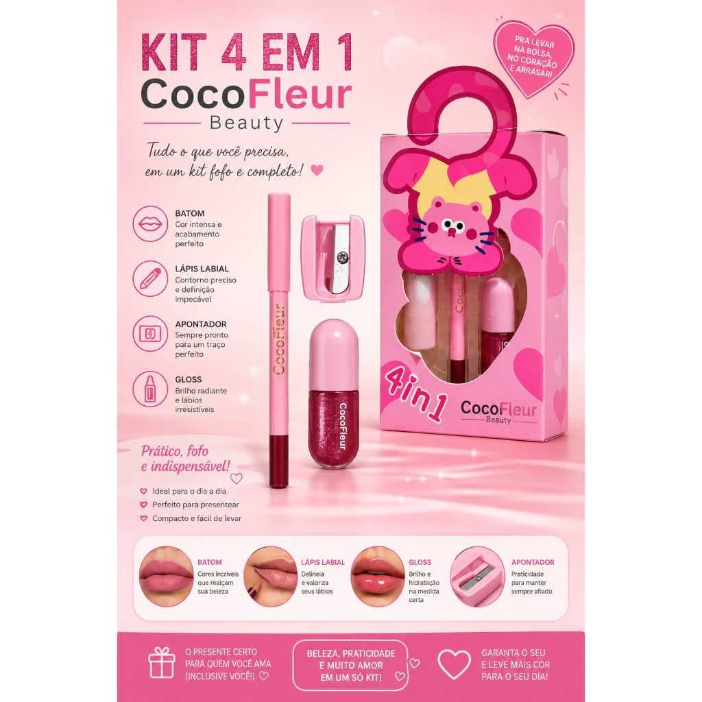 KIT DE MAQUIAGEM INFANTIL 4 EM 1 FLOR DE COCO