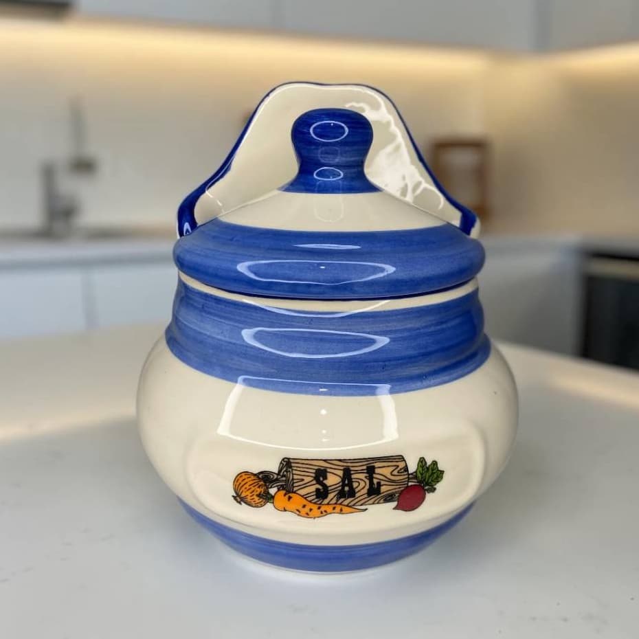 Saleiro Esmaltado em Cerâmica Porta Condimento Pintado Á Mão Cozinha Gourmet Porcelana Saleiro