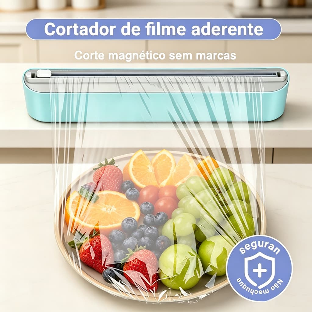Cortador de Filme Plástico com Base Magnética, lâmina interna para corte rápido, ideal para cozinha.