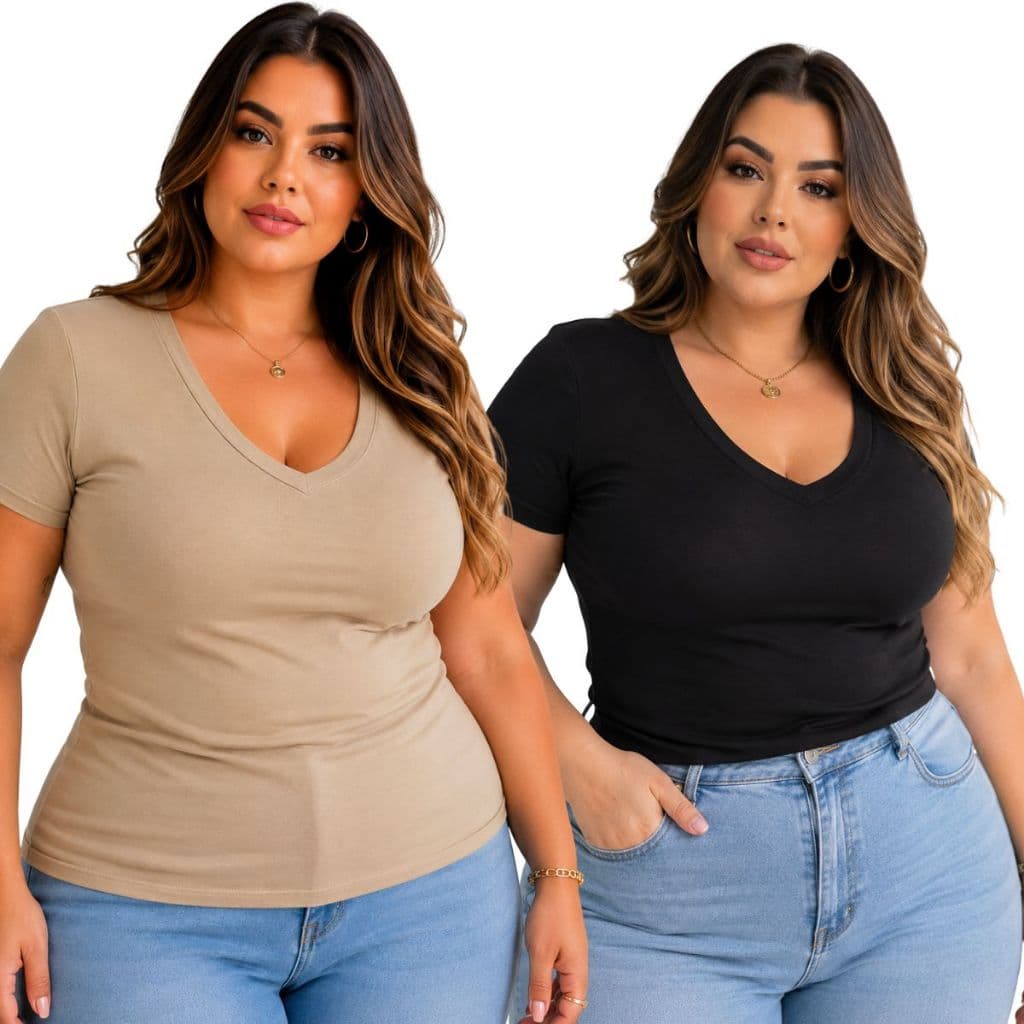 Kit 2 Blusas Plus Size Feminina G1 ao G3 Viscolycra Confortável Básica Cores Sortidas Gola V Manga Curta
