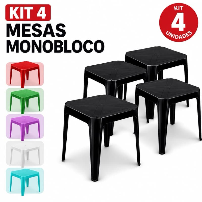 Kit 4 Mesas Monobloco Plásticas 70cm Empilháveis Resistente para Festa, Eventos, Bar e Restaurante