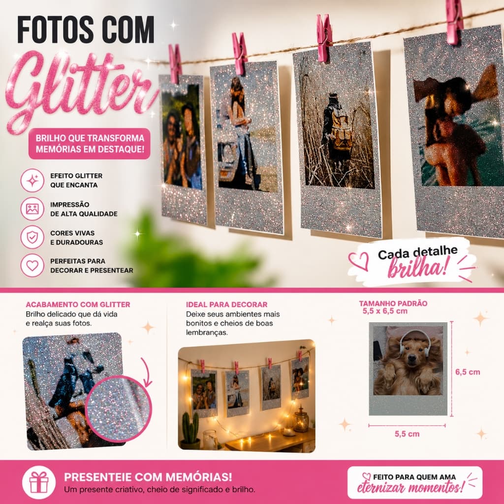 Foto Retrô Com Glitter  Personalizadas Mini Foto por unidade  Brilho e Memórias (cabe na capinha do celular)