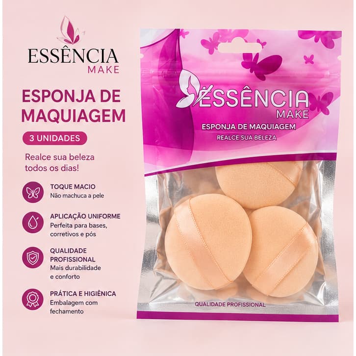 Esponja de Maquiagem Essência Make 3 Unidades com Alça de Cetim