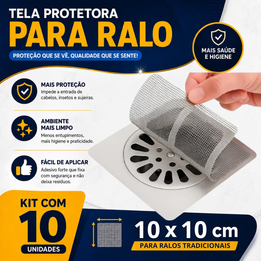 Kit 10 Protetor de Ralo Adesivo 10x10cm Descartável Anti Entupimento Tela Banheiro Cozinha Cabelo