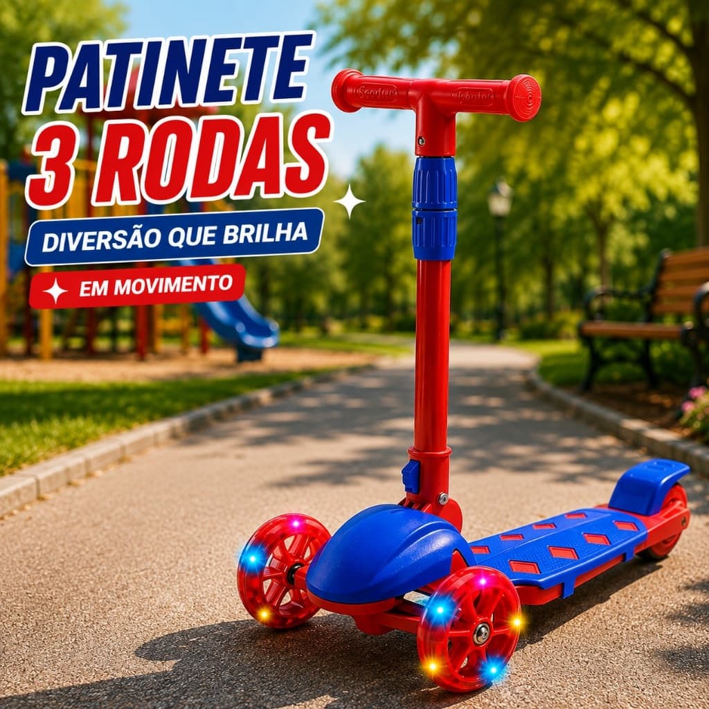 Patinete Infantil 3 Rodas com LED Menino Menina Guidão Ajustável Antiderrapante +3 Anos