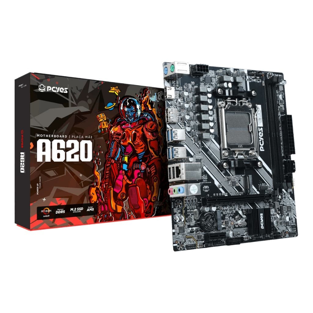 Placa Mãe AM5 A620 DDR5 PCYes PCYA620-R M.2 NVMe PCIe 4.0 USB-C HDMI VGA DP Ryzen 7000 8000 9000