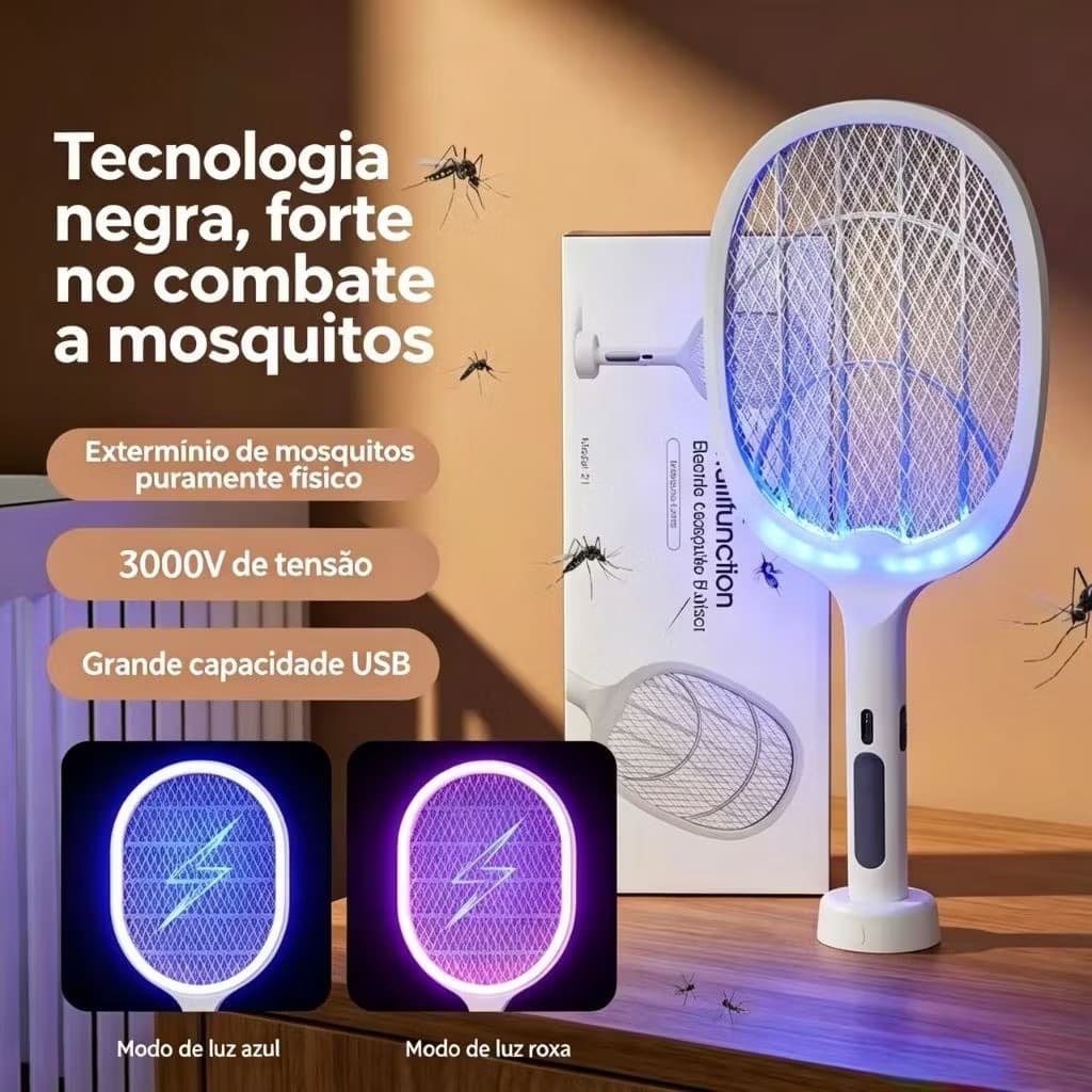 Raquete Elétrica Mata Mosquito Recarregável com Luz UV Esterilizador Mata Pernilongo e Insetos